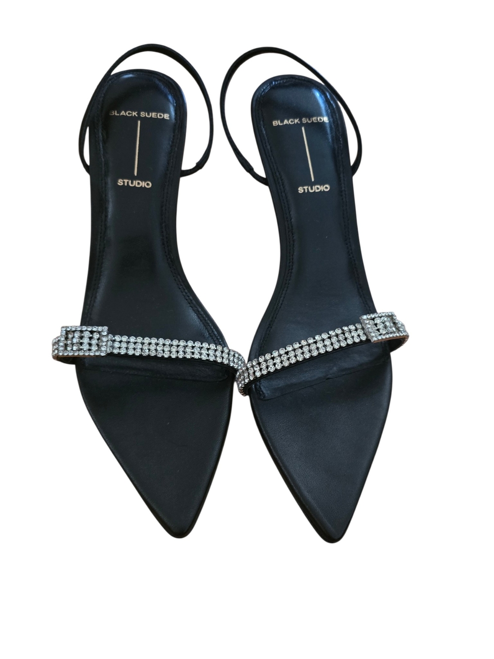 Black Suede Studio Rhinestone-Embellished Pointed Slingback Heels
